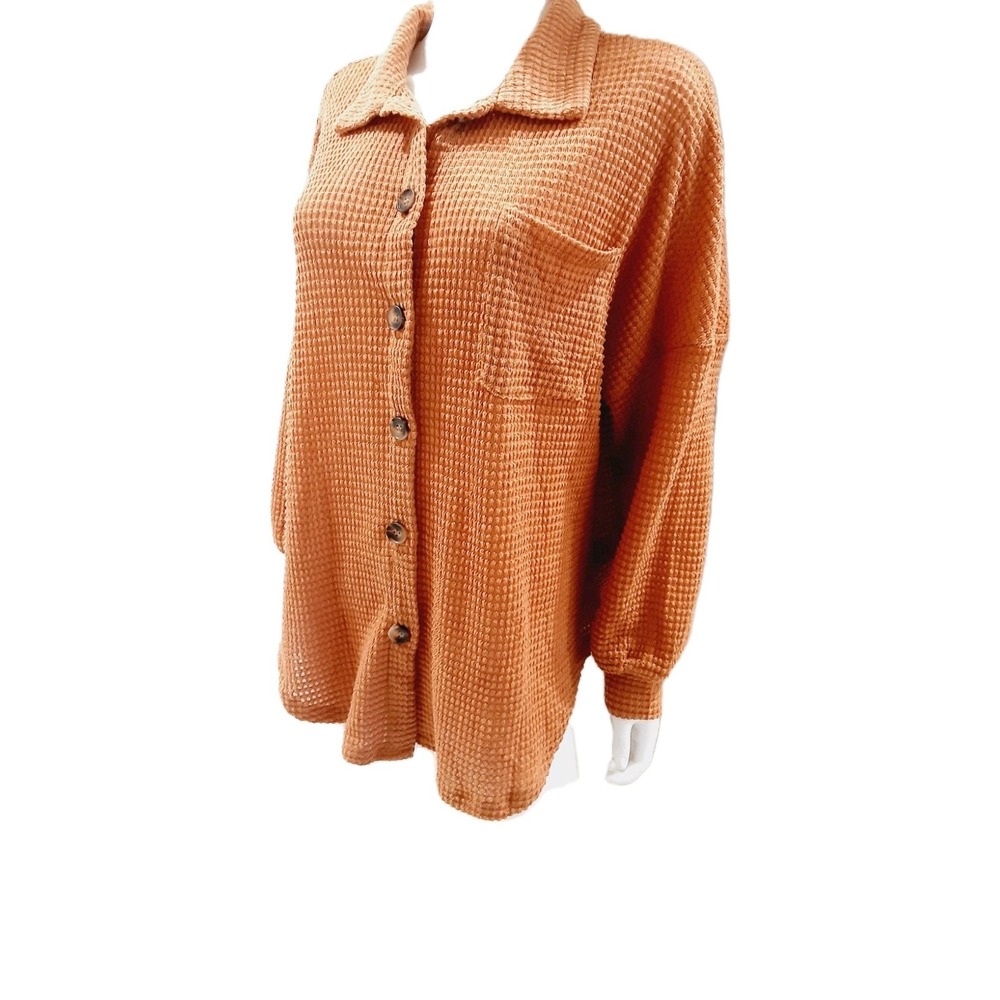 Orange Honey Brown Top Blouse Collared Button Up Cardigan Medium Waffle Weave